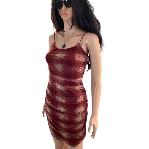 (5 for $25) Forever 21 Red Plaid Mesh Mini Dress size Small - Picture 1 of 7